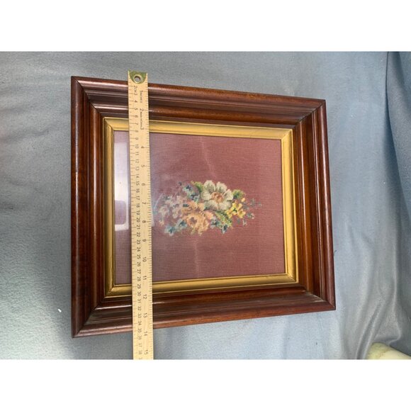 Vintage Framed Floral Needlepoint Art with Wood Frame & Glass Cover - Picture 7 of 11